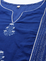 Blue Floral Printed Pure Cotton Kurta with Trousers-AHKUPN-COMBO-522