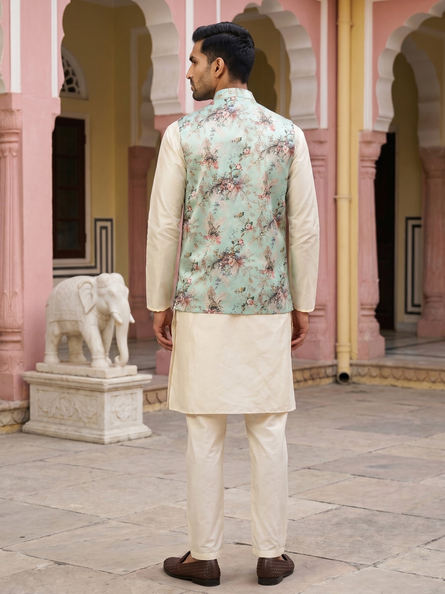 DesiQlo Men Printed Nehru Jacket and Kurta Pyjama Set - - JOKPWC_636W_