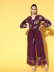 Burgundy & Gold-Toned Printed Ethnic Jumpsuit With Waist Tie-Ups-AHJSCRFP-35