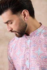 Lavender Silk Blend Printed Mandarin Collar Straight Kurta With Trouser MKSET1985