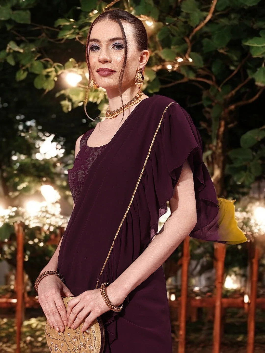 Burgundy Ruffle Saree | Designer Sarees India