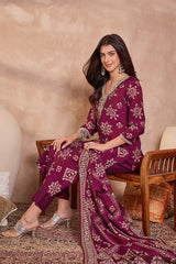 Purple Floral Printed Kurta With Trousers And Dupatta PKSKD3228
