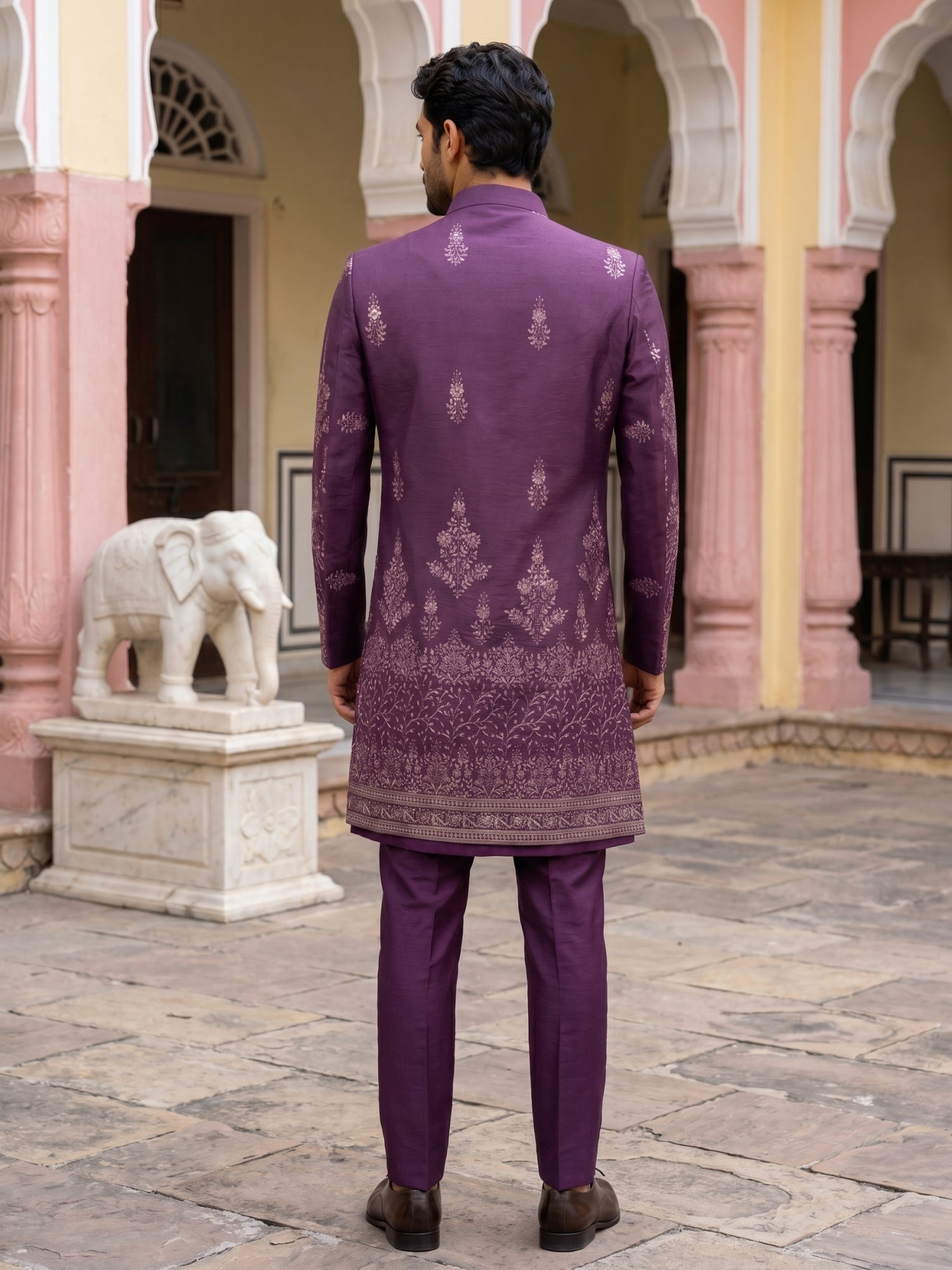 DesiQlo Men Embroidered Indo Western Set - Purple - 50JIND_221Purple_S