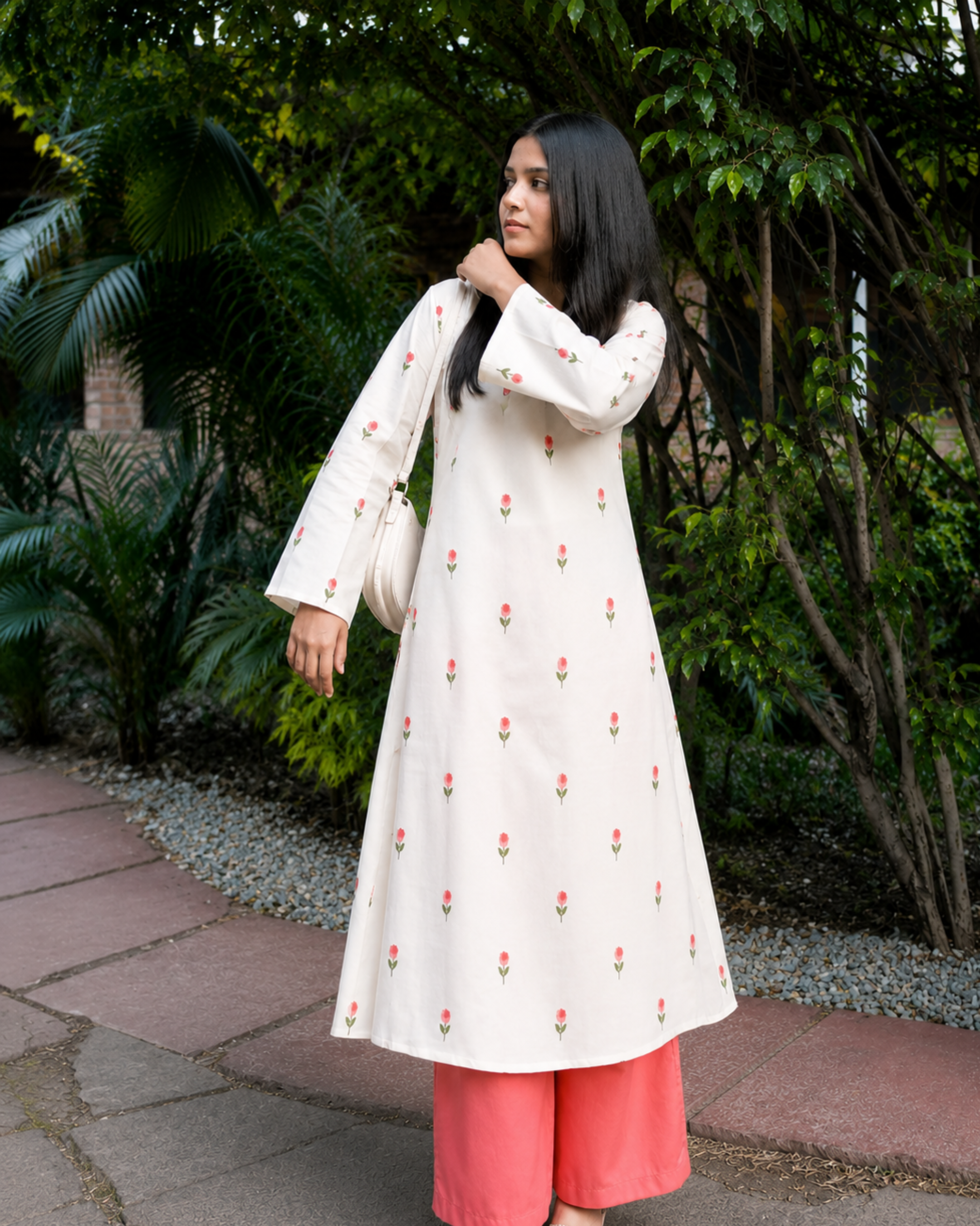 Women Floral Printed Kurta & Coral Palazzo Set (KPCREAMHEAT) | DesiQlo