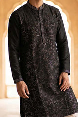 Silk Blend Black Solid Embroidered Calf Length Straight Kurta With Trousers MKSET2128