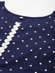 Navy Blue Polka Dot Print Net A-Line Maxi Dress-AHEDNTFP-168