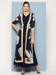 Navy Blue Floral Printed Layered Maxi Ethnic Dress-AHEDGRDP-178