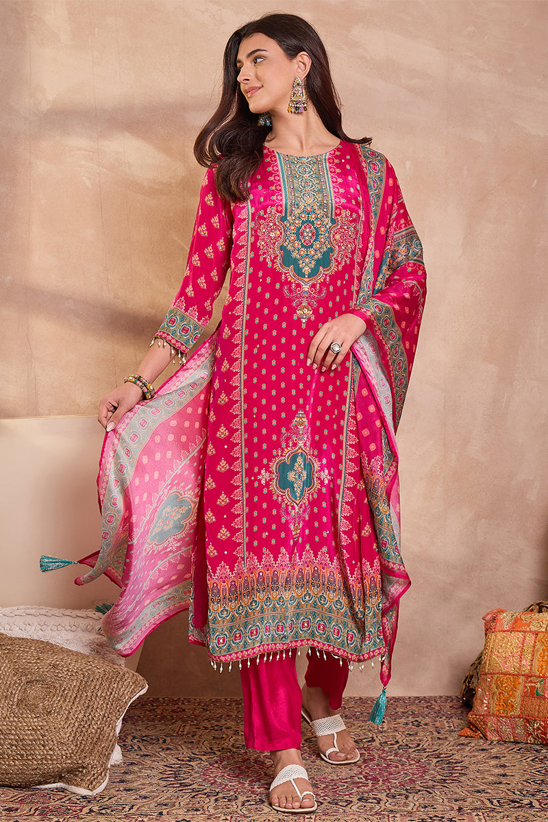 Grey Viscose Rayon Embroidered Kurta Trouser With Dupatta  HPKSKD2789