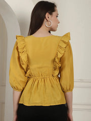 Black Solid Women's Top With Frills-JNT-2024Mustard