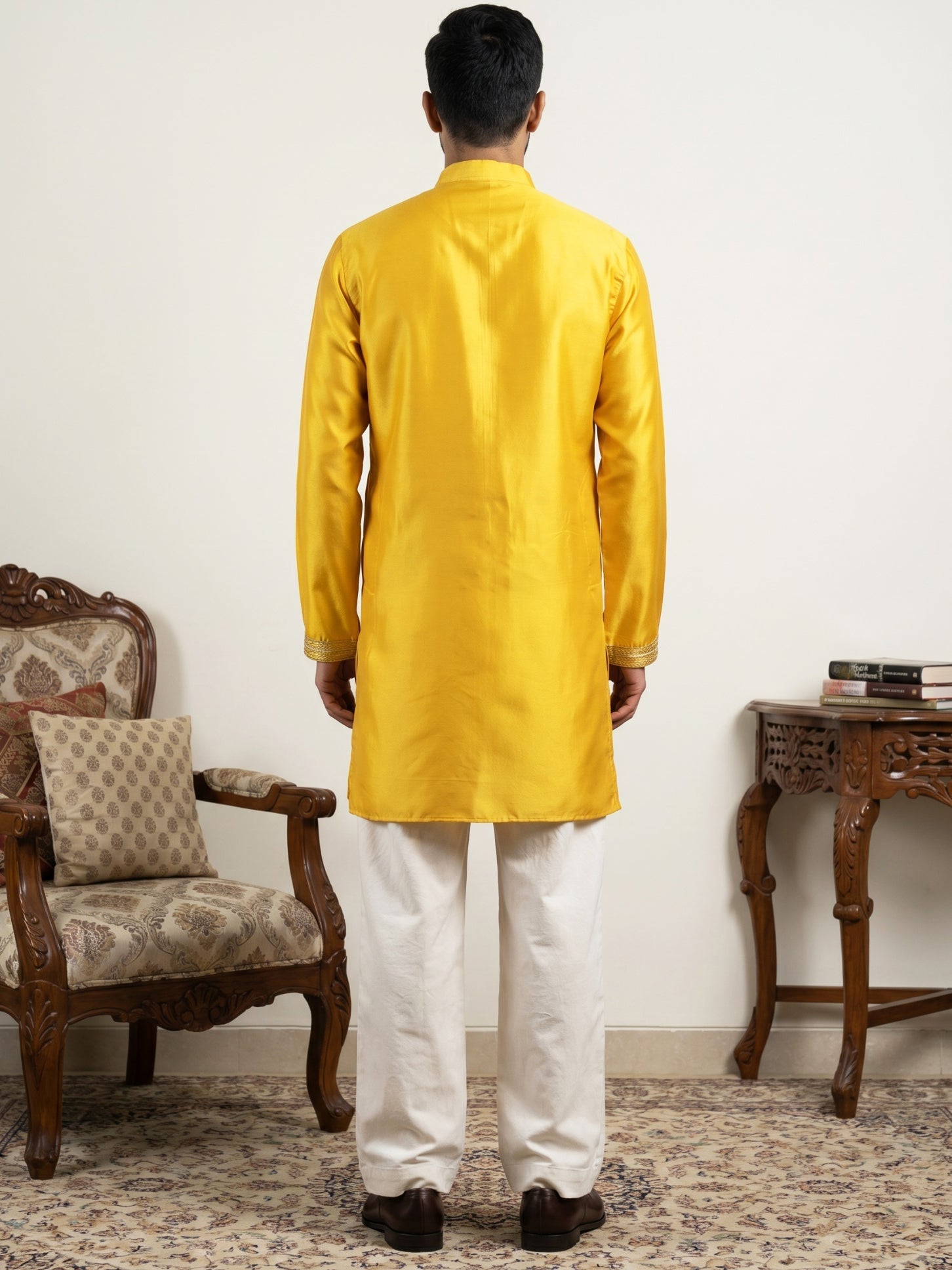 DesiQlo Men Embroidered Kurta Pyjama Set - Yellow - 65KP_PJ11W_5600Mus