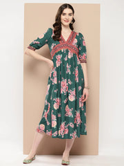 Green Floral Printed Empire Ethnic Dress-AHEDCRDP-204-ICH