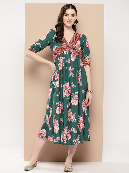 Green Floral Printed Empire Ethnic Dress-AHEDCRDP-204-ICH 1080