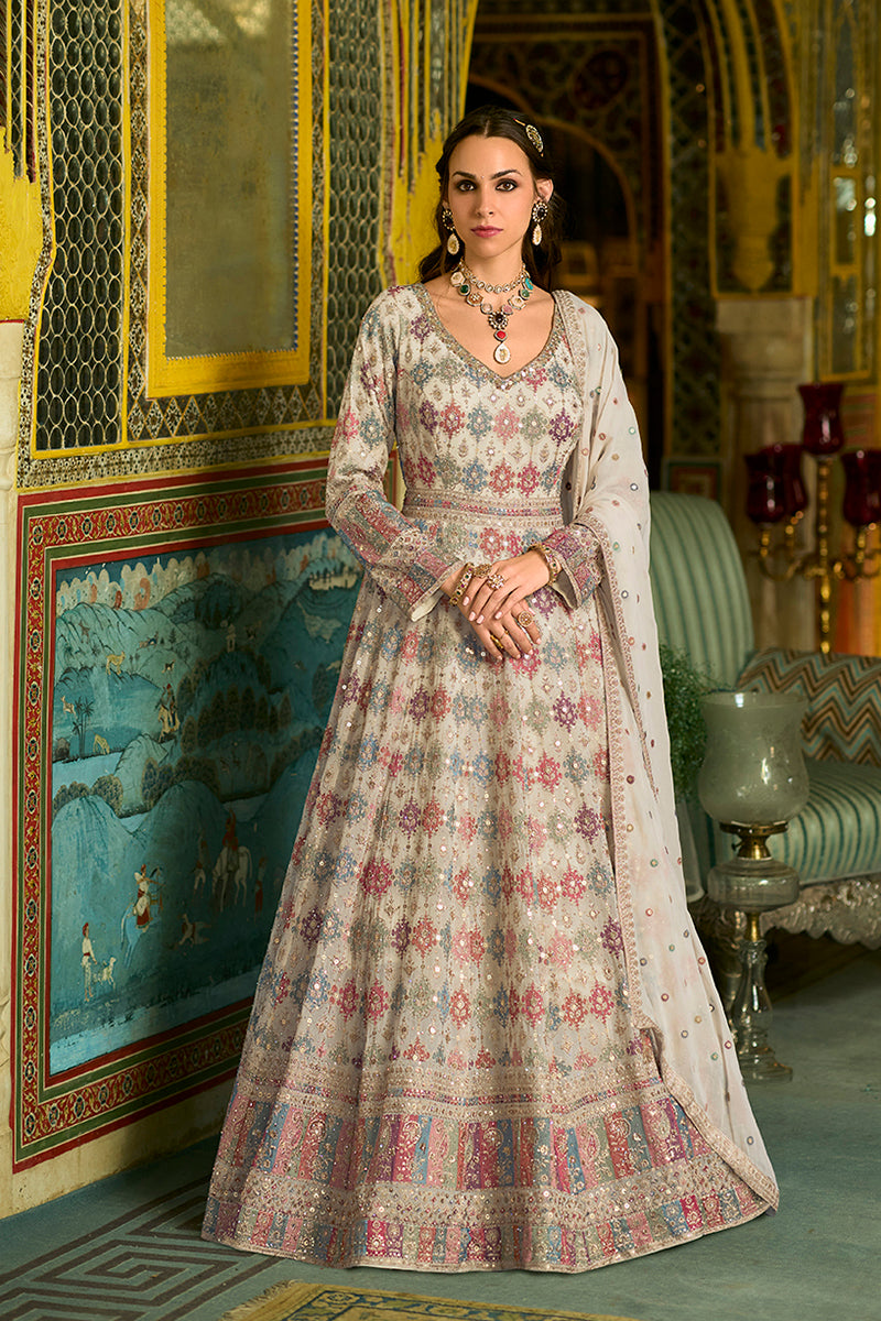 Off White Georgette Embroidered With Hand Work Gown With Dupatta VKSET