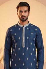 Silk Blend Blue Solid Embroidered Calf Length Straight Kurta With Trousers MKSET2274