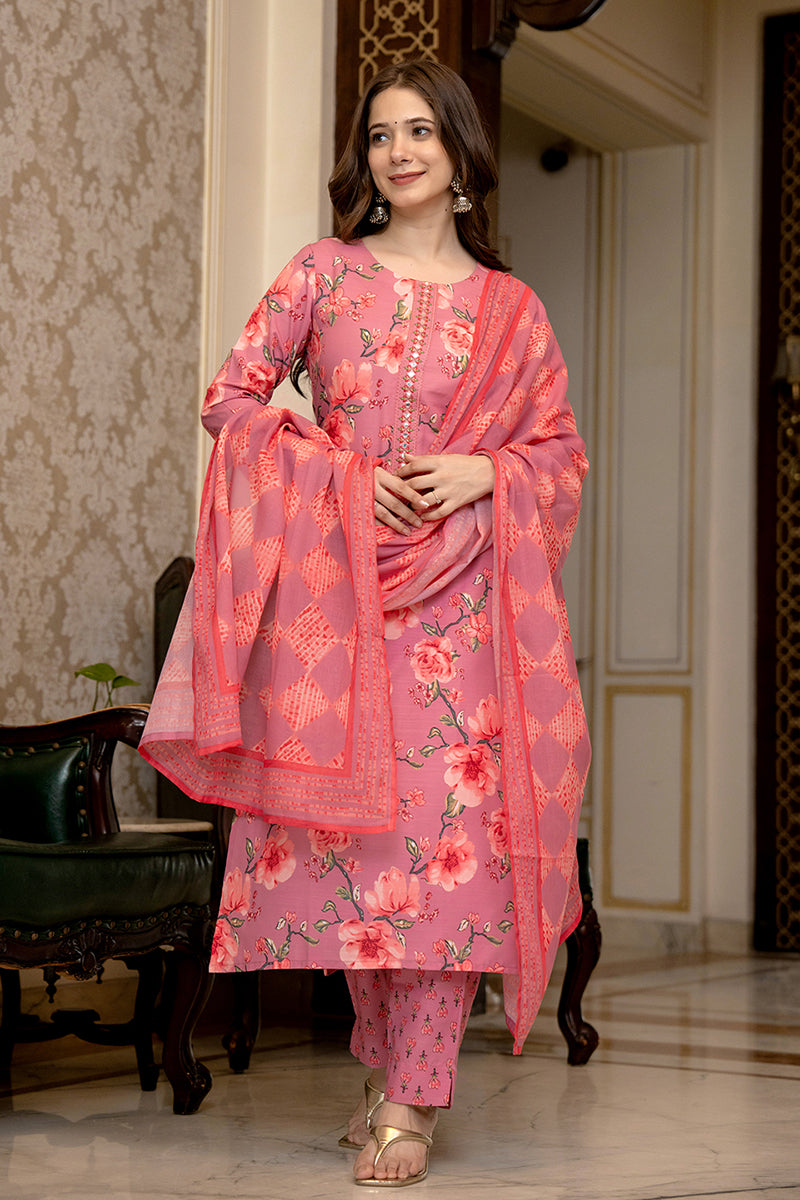 Pink Rayon Blend Floral Printed Straight Trouser Bottom Suit Set PKSKD