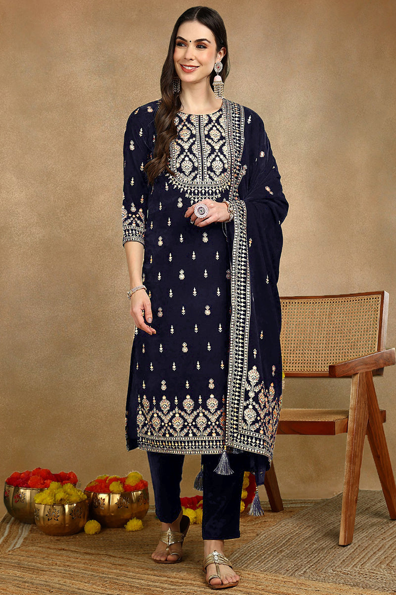 Navy Blue Velvet Ethnic Motifs Printed Straight Suit Set PKSKD2771 | D