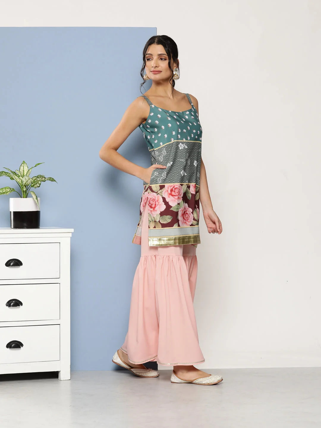 Green & Pink Sharara Set: Floral Designer Sharara Suits