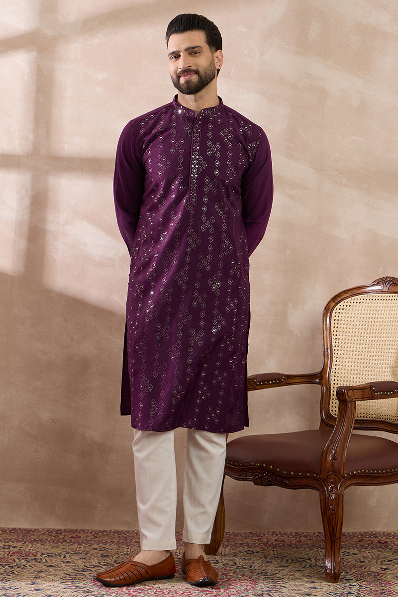 Purple Silk Blend Embroidered Mandarin Collar Straight Kurta MKU2078