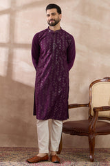 Purple Silk Blend Embroidered Mandarin Collar Straight Kurta MKU2078