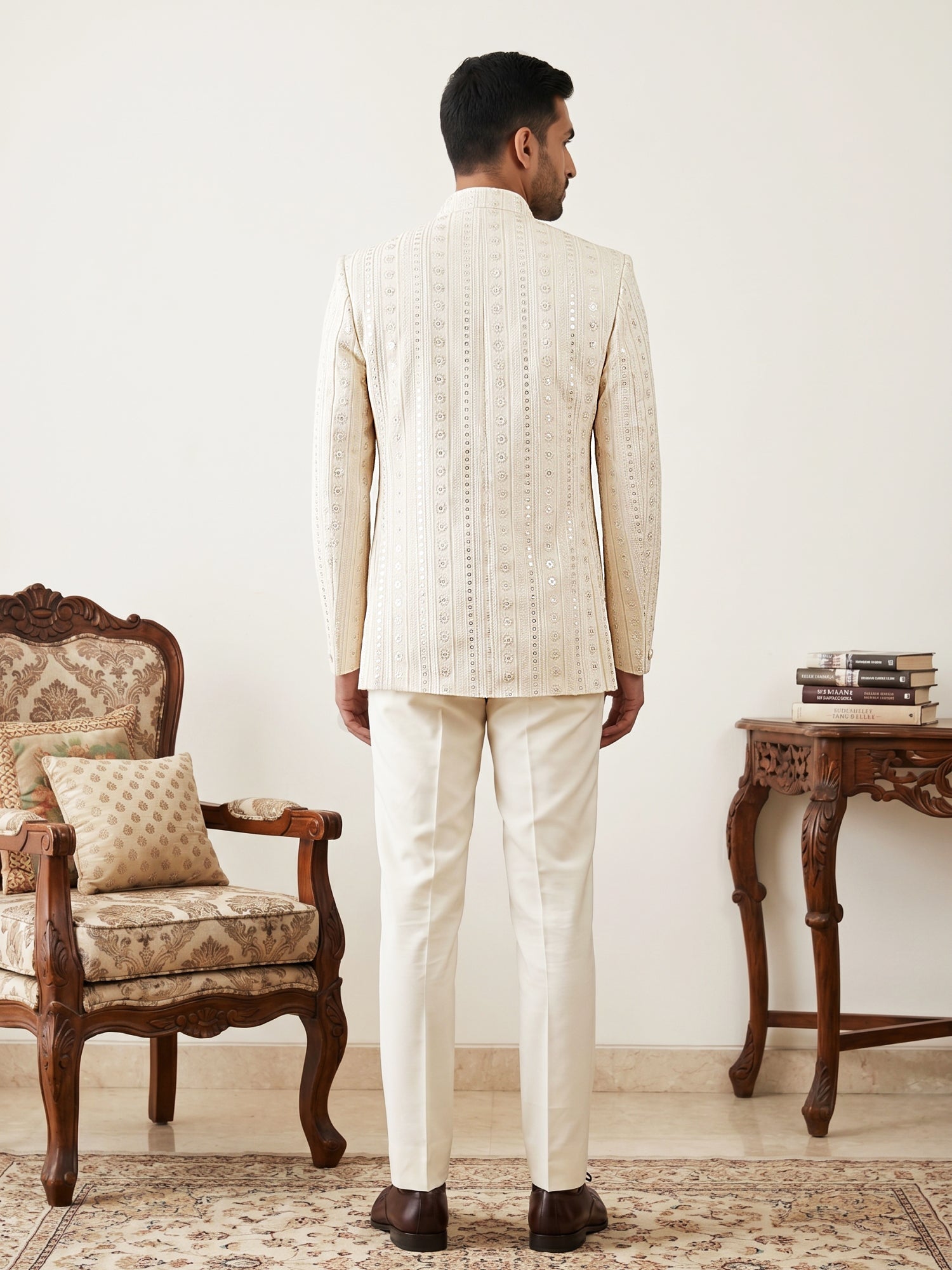 DesiQlo Men Embroidered Indo Western Set - Beige - 50JIND_226Cream_S