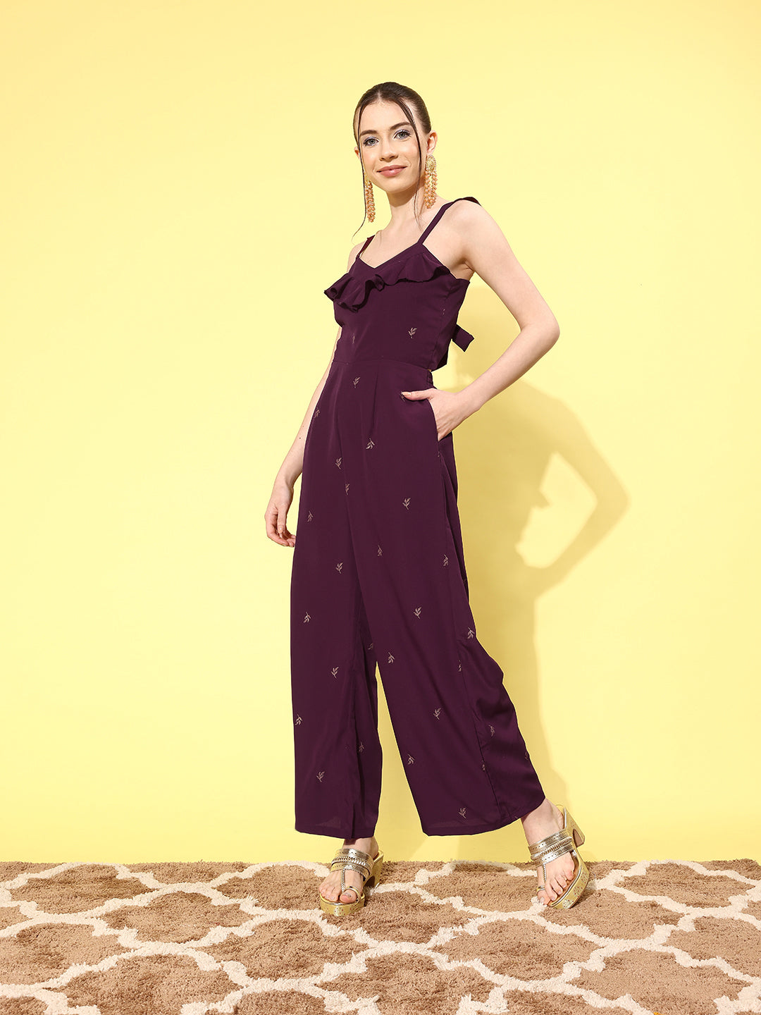 Burgundy Printed Ruffle Jumpsuit | One-Piece Outfits for Women