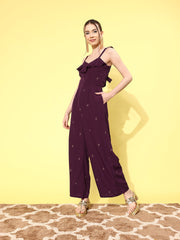 Burgundy Printed Jumpsuit with Ruffles-AHJSCRGL-59-FF