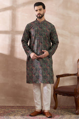 Black Silk Blend Printed Mandarin Collar Straight Kurta With Trouser MKSET2097