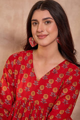 Red Cotton Blend Floral Printed Top VT1355