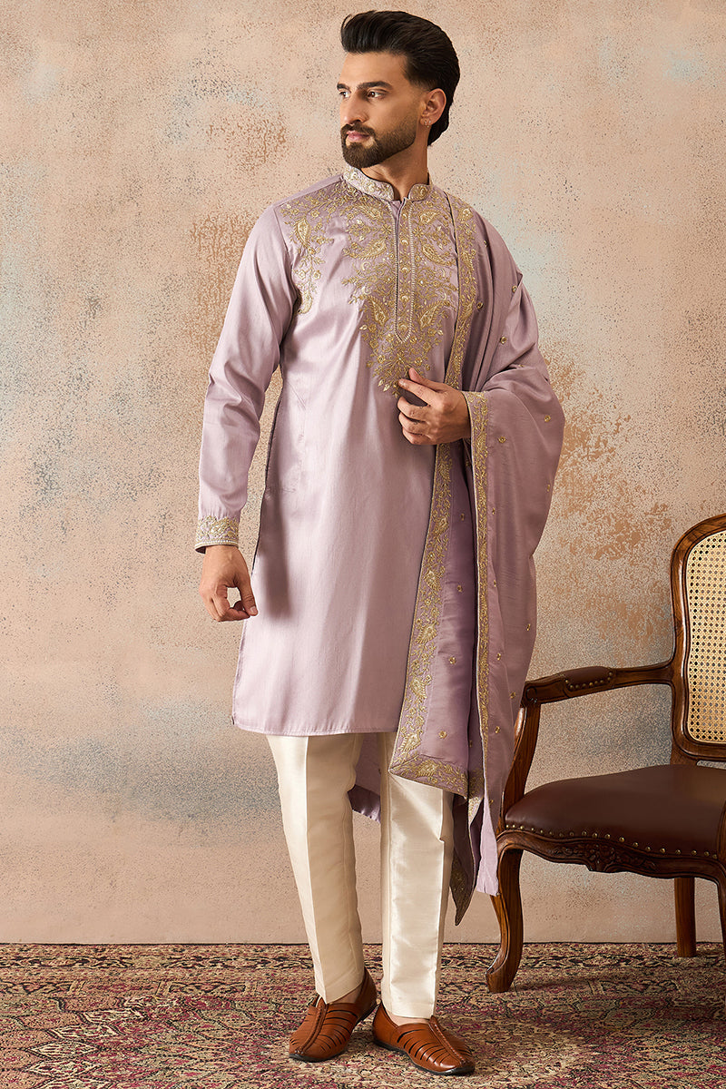 Lavender Zari Embroidered Silk Blend Kurta with Dupatta MKUD1047