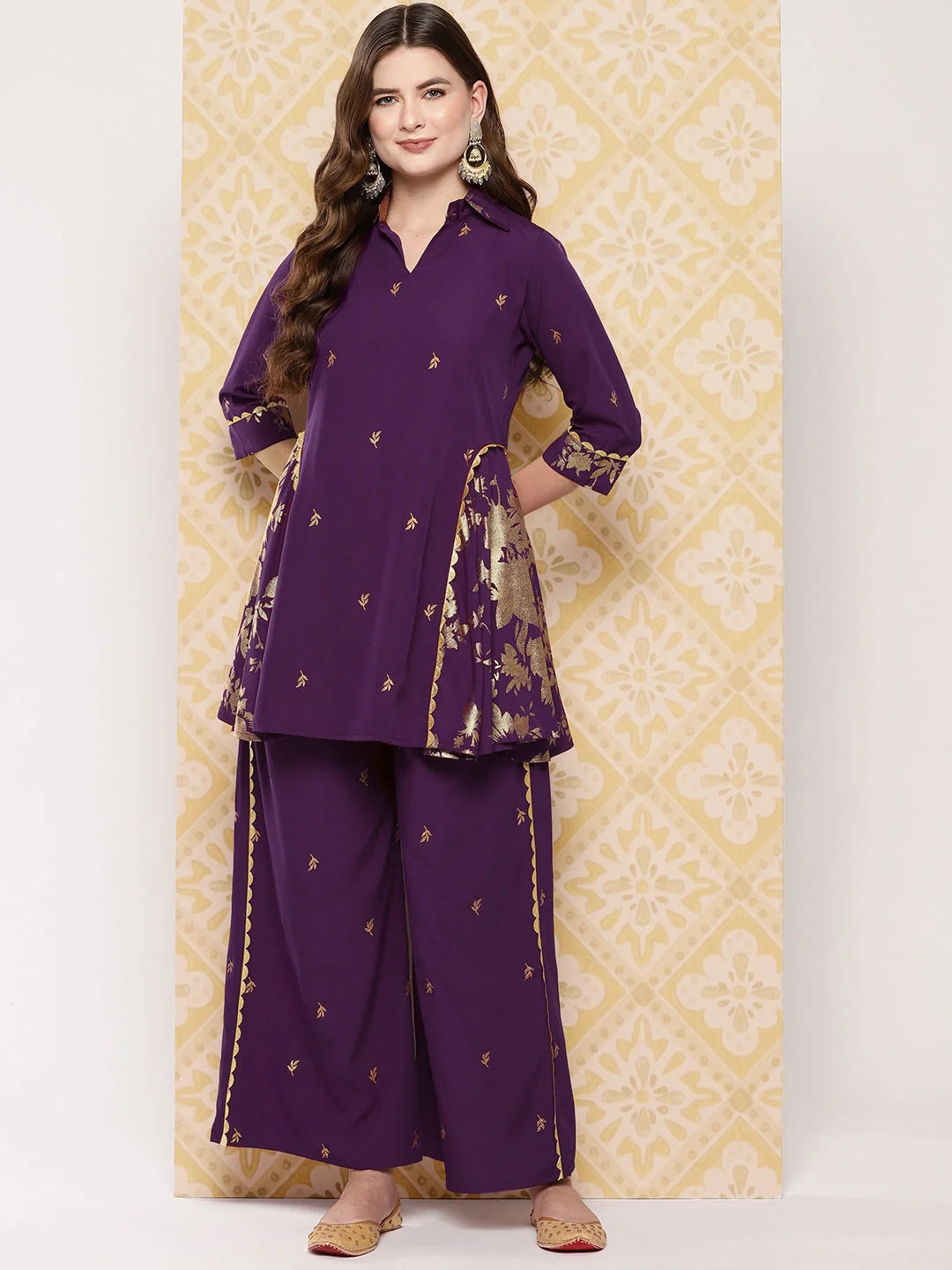 Burgundy Floral Printed Women's Co Ord Sets with Palazzos