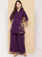 Burgundy Floral Printed Ethnic Tunic with Palazzos-AHTUPN-Combo-840-ICH