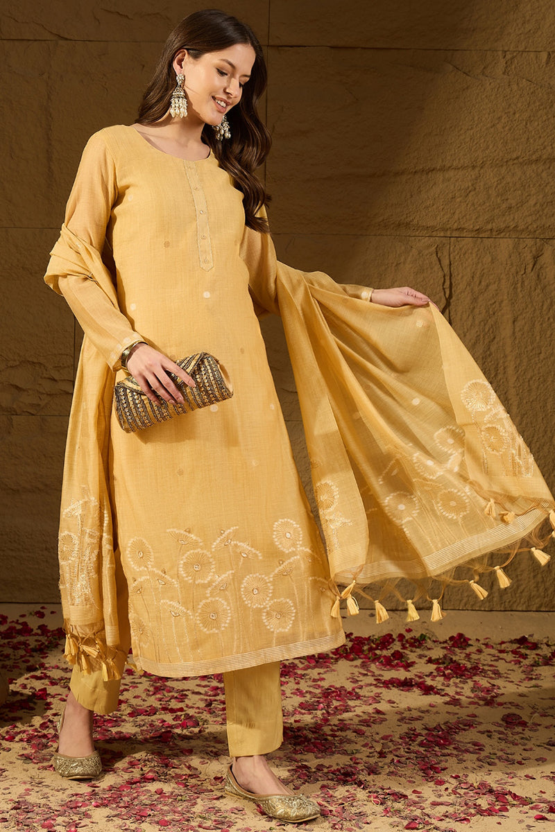 Yellow Chanderi Woven Design Straight Kurta Trouser with Dupatta PKSKD