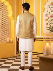Woven Design Nehru Jacket With Solid Kurta Pyjama for Men ( JOKPWC 636W 4005Golden )