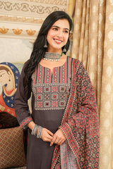 Grey Cotton Blend Ajrakh Printed Straight Kurta Trousers With Dupatta PKSKD3065