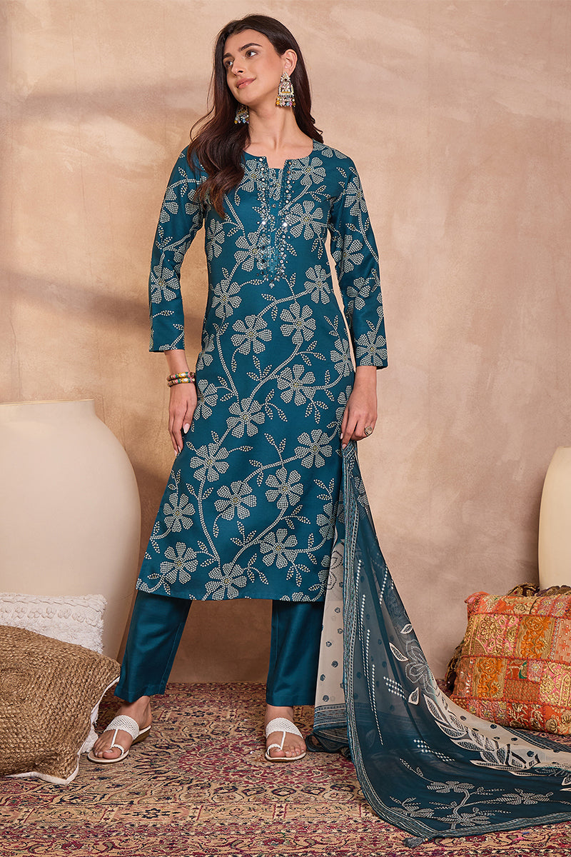 Blue Cotton Blend Floral Printed Straight Kurta Set VKSKD2425 | DesiQl