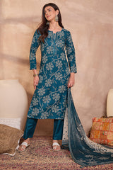 Blue Cotton Blend Floral Printed Straight Kurta Set VKSKD2425