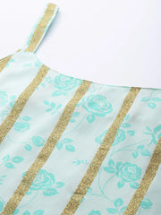 Sea Green & Gold Toned Striped Floral Printed Tunic-AHTUCRGL-8122