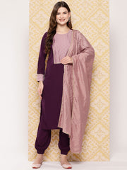Burgundy Yoke Design Kurta with Trousers & With Dupatta-AHKUPNDU-COMBO-842-ICH