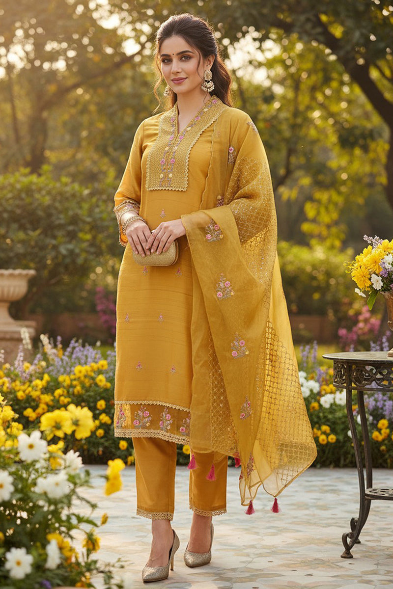 DesiQlo Women Silk Blend Indian Ethnic Set - Mustard Yellow
