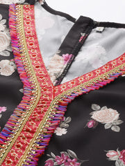 Black Floral Printed Jumpsuit With Lace Inserts-AHJSCRDP-53