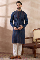 Navy Blue Silk Blend Embroidered Mandarin Collar Straight Kurta With Trouser MKSET2040