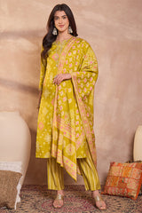 Silk Blend Ethnic Motifs Printed Yellow Kurta And Trousers With Dupatta PKSKD3232