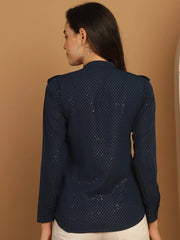 Blue Woven Design Frill Top-JNT-2025Blue