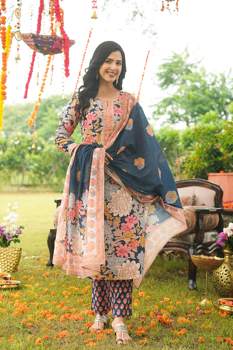 Blue Rayon Blend Floral Printed Straight Kurta Trousers With Dupatta VKSKD2415
