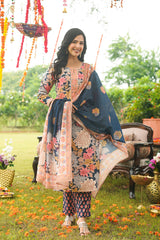 Blue Cotton Blend Floral Printed Straight Kurta Trousers With Dupatta VKSKD2415