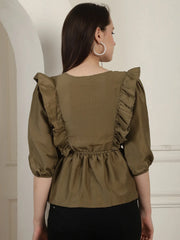 Brown Solid Women's Top With Frills-JNT-2024Brown