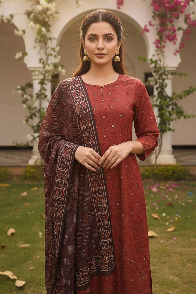 Maroon Rayon Blend Geometric Printed Straight Kurta Trousers With Dupatta VKSKD2414