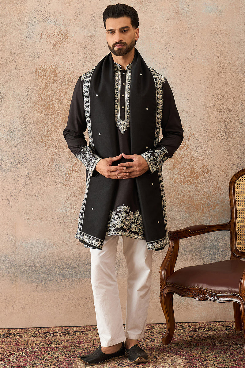 Black Silk Blend Solid Embroidered Kurta With Dupatta MKUD1012