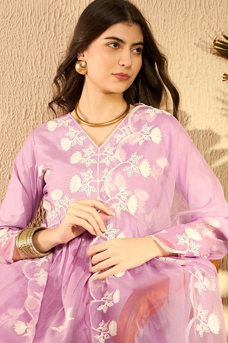 Lavender Silk Blend Embroidered Kurta Trouser With Dupatta HOPPKSKD259