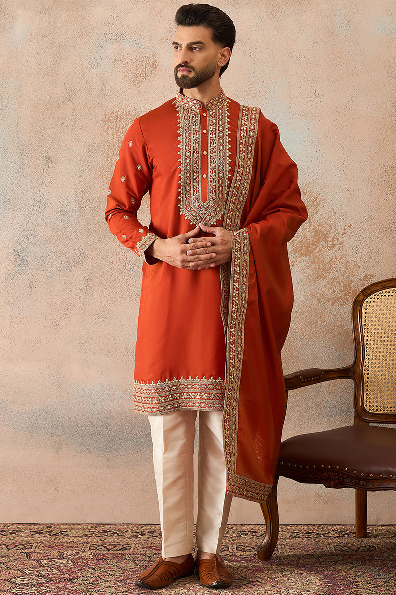 Orange Silk Blend Solid Embroidered Kurta And Trouser With Dupatta MKPD1028